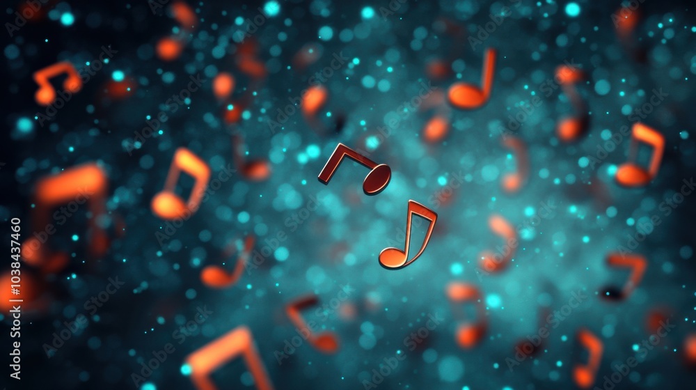 Poster 3d floating musical notes in abstract background