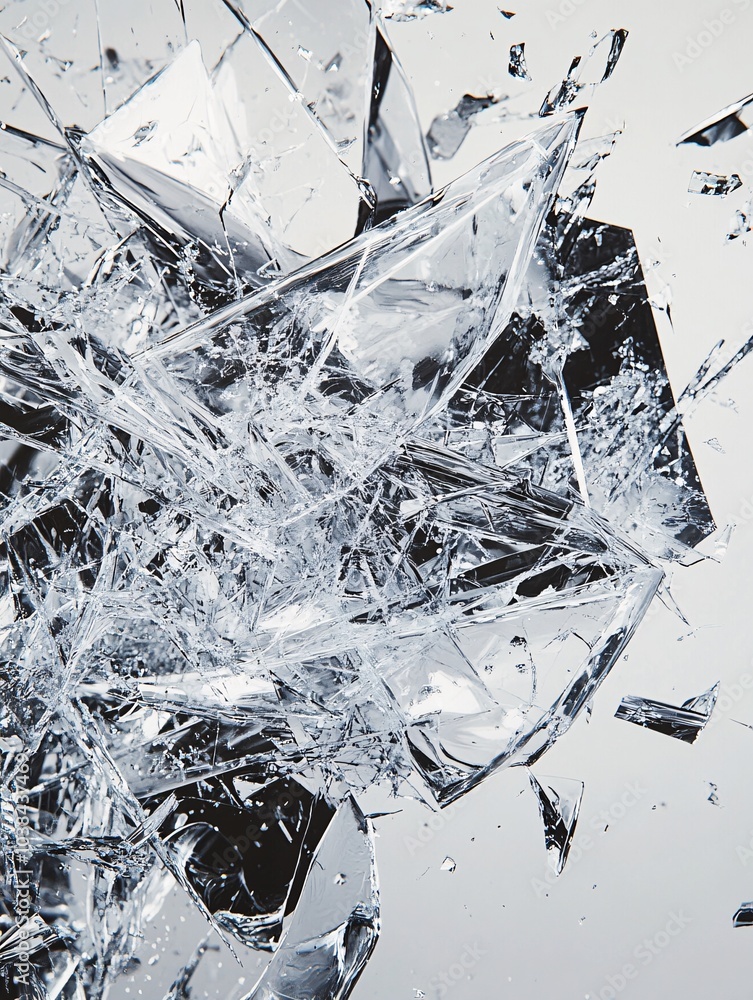 Poster abstract shattered glass fragments on a light background, creating an artistic and dynamic visual wi