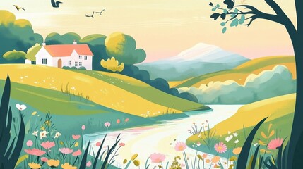 Fototapeta premium Beautiful natural scenery in autumn in illustration style