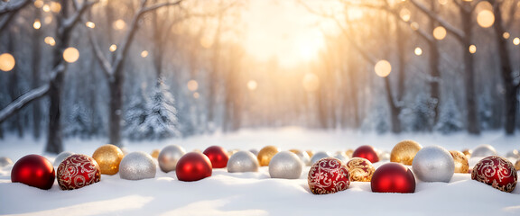 Christmas decorations balls on the snow, in the concept of celebration, lots of copy space