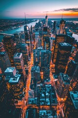 Naklejka premium Aerial View of a Smart City at Dusk with Drones
