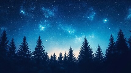 The blue sky of twilight giving way to a star-filled galaxy, with silhouetted trees in the foreground.
