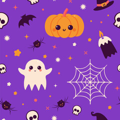 Cute Halloween seamless pattern with ghosts, pumpkins, spiders and skulls on purple background. Kawaii vector characters. Holiday wrapping design for print.