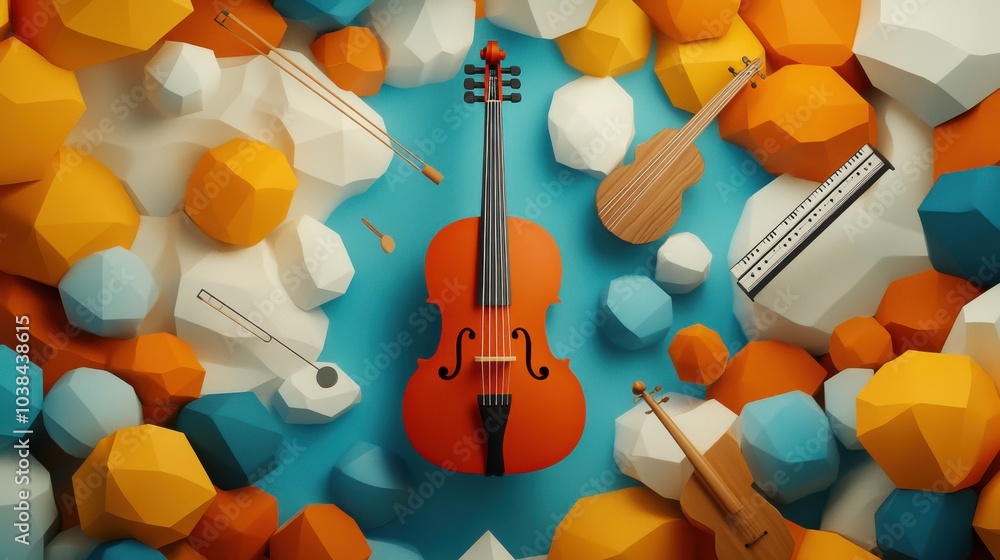 Poster 3d floating musical instruments in colorful abstract scene