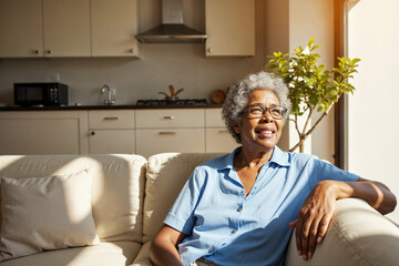 Older Black woman with curly gray hair on couch in sunlit living room