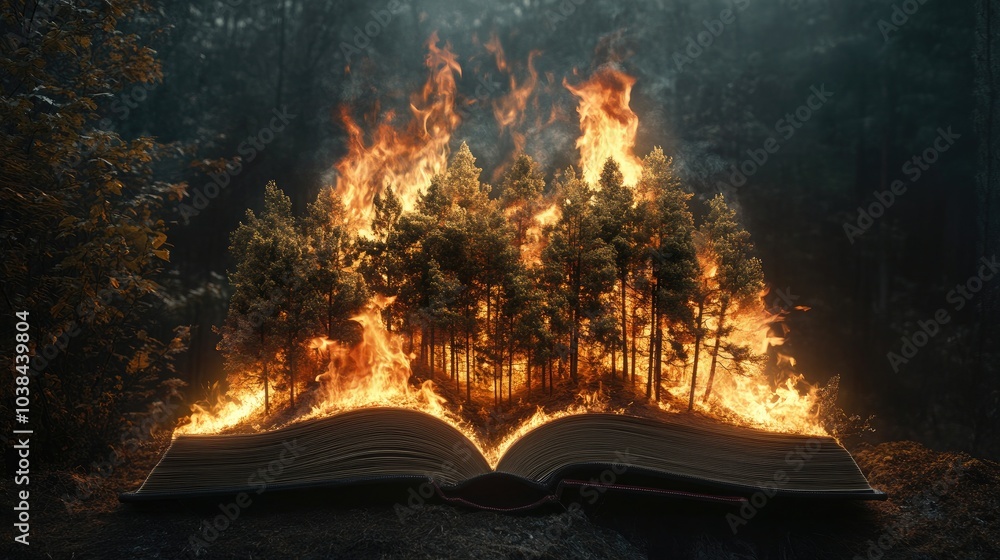 Poster a burning forest emerges from an open book, symbolizing the power and danger of knowledge and the en