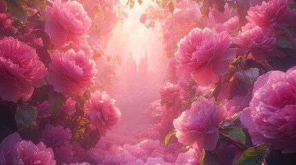 Obraz premium Oversized flowers with diamond-shimmering petals encircle a dreamy pink castle, soft light streaming through, Fairy tale, Fantasy, High Detail, Ethereal glow
