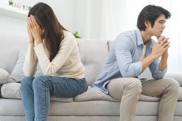 Breakup and depressed, asian young quarrel couple love fight relationship in trouble. Different people are emotion angry. Argue wife has expression, upset with husband. Problem of family people.