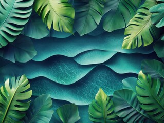 Fototapeta premium Tropical leaves on a blue background with waves