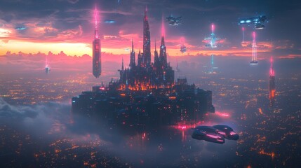 Futuristic neon castle hovering in the sky, surrounded by glowing hoverboards and futuristic towers, reflecting vibrant city lights from below