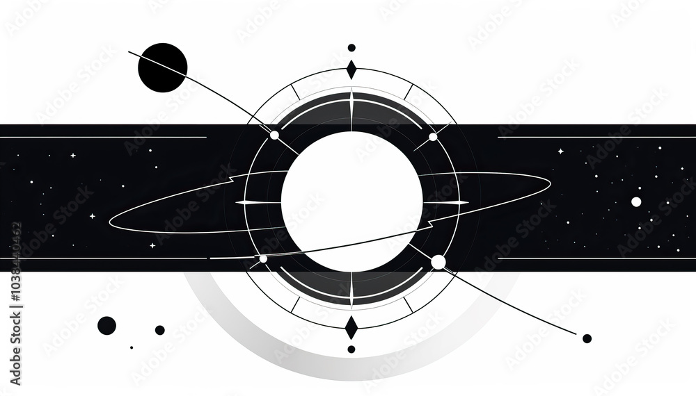 Poster minimalistic black and white planetary system with geometric elements space astronomy concept