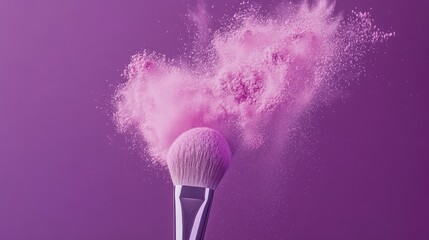 A cloud of pink powder bursts from a makeup brush, set against a bold purple background, illustrating beauty and creativity.