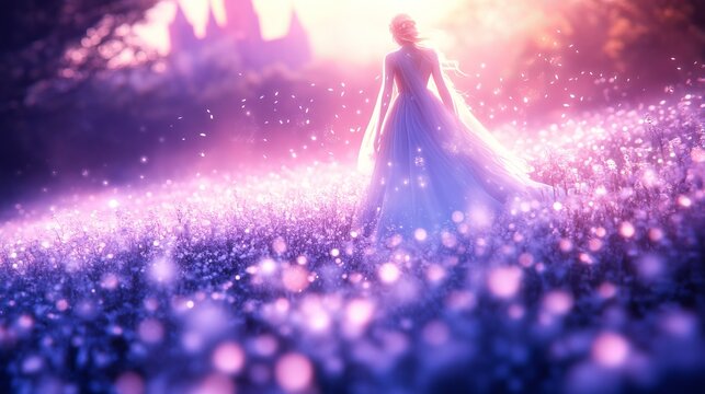 A fairytale princess in a flowing gown, glowing pink castle behind, surrounded by enchanted, bioluminescent flowers in twilight, Fantasy, Vivid colors, Digital painting, Dreamy atmosphere