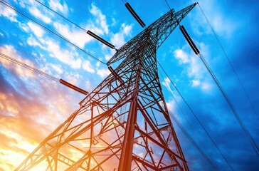 High Voltage Power Line Tower Against Vibrant Sky