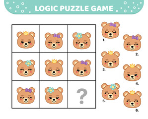 Logic puzzle game. Bear girl. For kids. Cartoon.