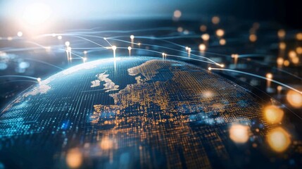 A 3D render of Earth, focusing on Europe, illustrated with small dots, binary code, and interconnected lines, symbolizing the vastness of big data, global business, and the rise of cryptocurrency