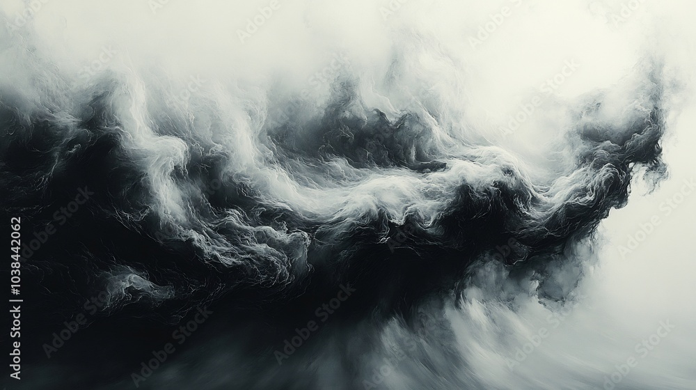 Poster dark storm clouds rise like smoke against clean white backdrop with swirling textures and billowing 