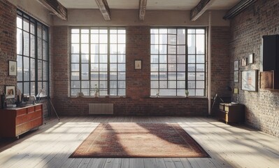 Obraz premium Spacious Industrial Loft With Large Windows and Exposed Brick