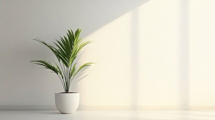 A lone green plant in a white pot against an empty wall background, offering a fresh and minimalist home decor vibe.