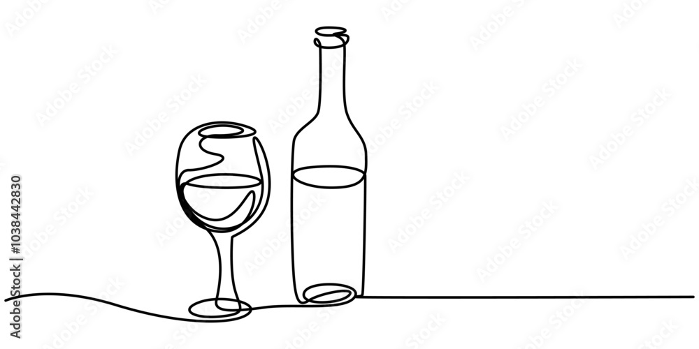 Poster continuous line of wine bottles and glasses.one line drawing vector of wine bottles and glasses.wine