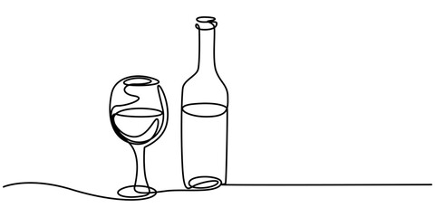 continuous line of wine bottles and glasses.one line drawing vector of wine bottles and glasses.wine drawn in one simple line, Beer glass and bottle one continuous line drawing vector illustration.