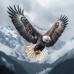 Fototapeta premium Majestic Bald Eagle Soaring Over Snowy Mountain Peaks