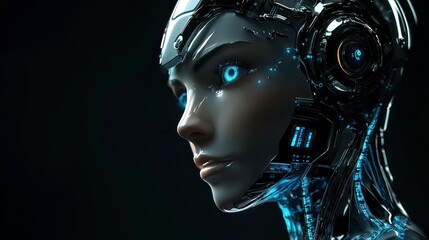 Close-up portrait of a female cyborg with glowing blue eyes and intricate mechanical details.