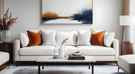 Modern abstract painting in a minimalist style with warm tones and vibrant colors. The artwork consists of a beautiful painting on canvas and a concrete wall behind a white sofa. interior design