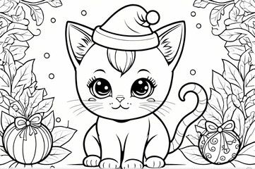 Obraz premium Cute Kawaii Baby Cat with Christmas Hat Coloring Book Page