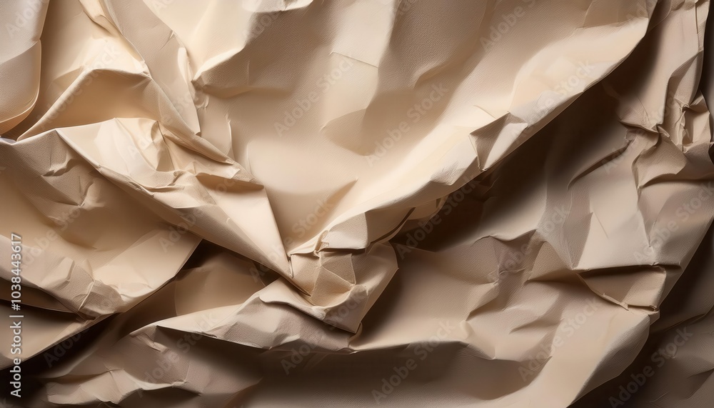 Poster textured beige crumpled paper background. abstract wrinkled surface with light and shadow play, idea