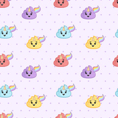 Poop unicorns on purple seamless pattern. Poop. Vector background.