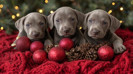 Festive Weimaraner puppies with red ornaments and pinecones under a Christmas tree. Perfect for holiday cards, decorations, and pet-themed promotions, exuding charm innocence and winter festivity. 8k