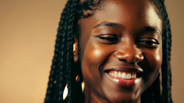 Close-up video of a young woman with braided hair expressing gratitude with warm, intimate lighting and a neutral background