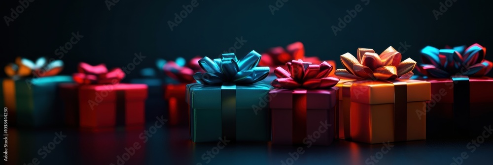 Poster various saturated gift boxes adorned with bright bows are artfully displayed, creating a festive atm