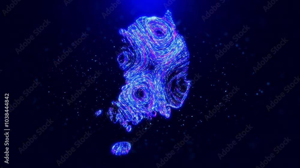 Poster abstract motion view south korea map design, featuring glowing blue hairlines, dynamic flowing patte