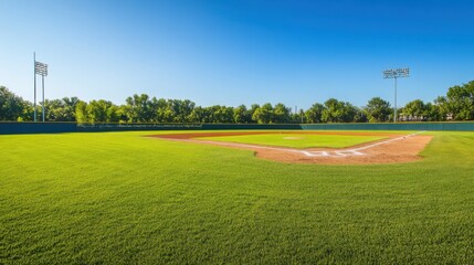 A spacious outdoor baseball field with a well-maintained diamond, bright green grass, and a clear blue sky