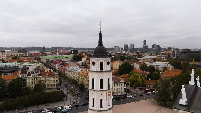 Beautiful Aerial view of the old town of Vilnius, the capital of Lithuania. Top cinematic aerial view. Vilnius cityscape in a beautiful autumn day, Lithuania.