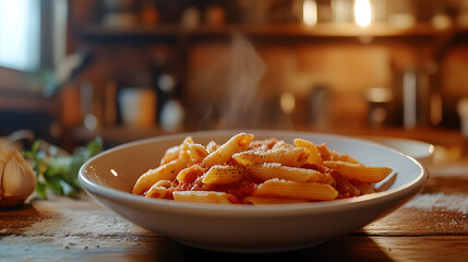 A steaming bowl of penne pasta tossed in a red sauce, sprinkled with grated Parmesan cheese and served on a rustic wooden table.