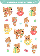 Find two same pictures. Bears in love. Game for children. Cartoon, vector