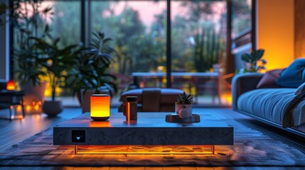 Cozy Living Room with Warm Ambient Lighting and Modern Decor