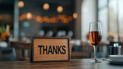 A cozy restaurant setting with a "Thanks" sign and a glass of brown drink, creating a warm and inviting atmosphere.