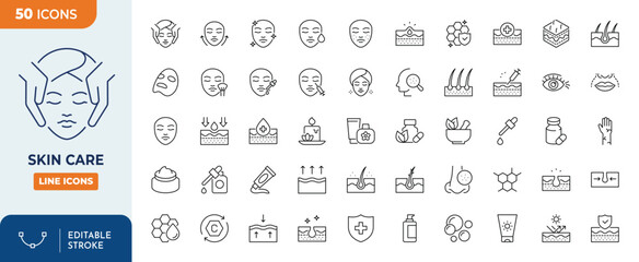 Skin care icons set. Containing Moisture cream, acid, anti wrinkle serum, ceramide, collagen, retinol compound, sunscreen, and more. Outline Icon Collection. Editable stroke. Vector illustration	