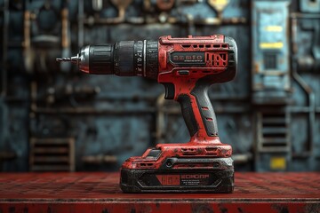 Brand-new cordless drill. On a red industrial surface, the power tool is. Generative Ai