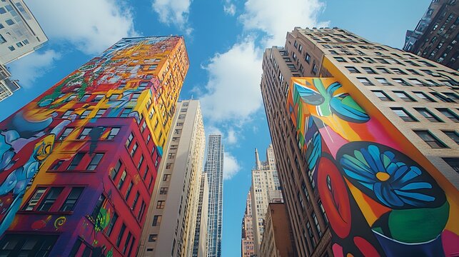 Towering buildings set against a radiant sky, with streets alive with vivid street murals, merging contemporary city life with artistic flair