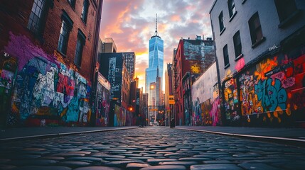 Obraz premium Majestic skyscrapers pierce the morning sky, their foundations illuminated by colorful street art, creating a lively contrast of modern and artistic urban life