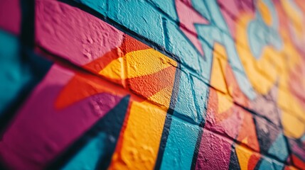Fototapeta premium A close-up of graffiti art, its vibrant colors popping against towering steel buildings, blending chaotic creativity with sleek modern design