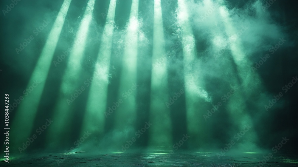 Poster dynamic beams of green light shoot through swirling mist illuminating stage as waves of smoke drift 