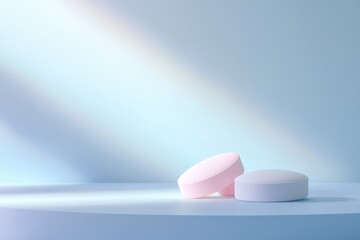 Pink and blue tablets highlighted on a light background, with space for text
