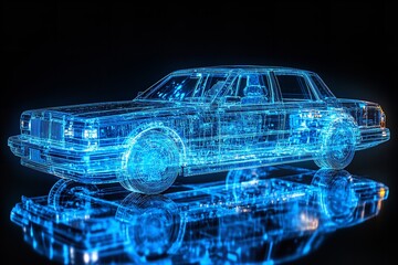 Side view of a blue holographic ordinary car with a car structure. Generative Ai