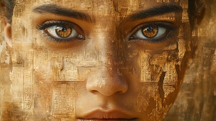 A woman's face covered in ancient Egyptian hieroglyphs symbolizes eternal wisdom preserved in the modern human. Generated AI.